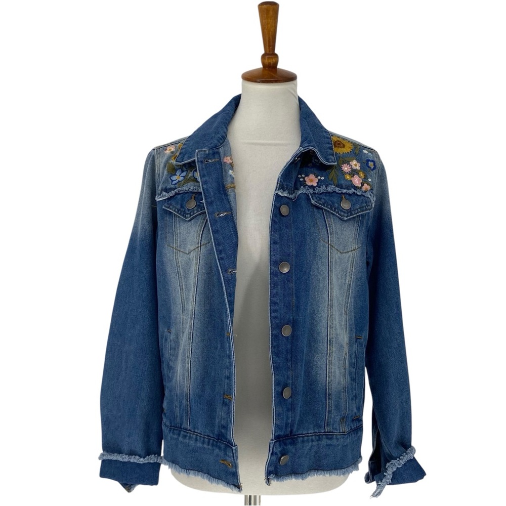 Linda Anderson floral embroidered blue jean faded look jacket wms sz small - Picture 3 of 13